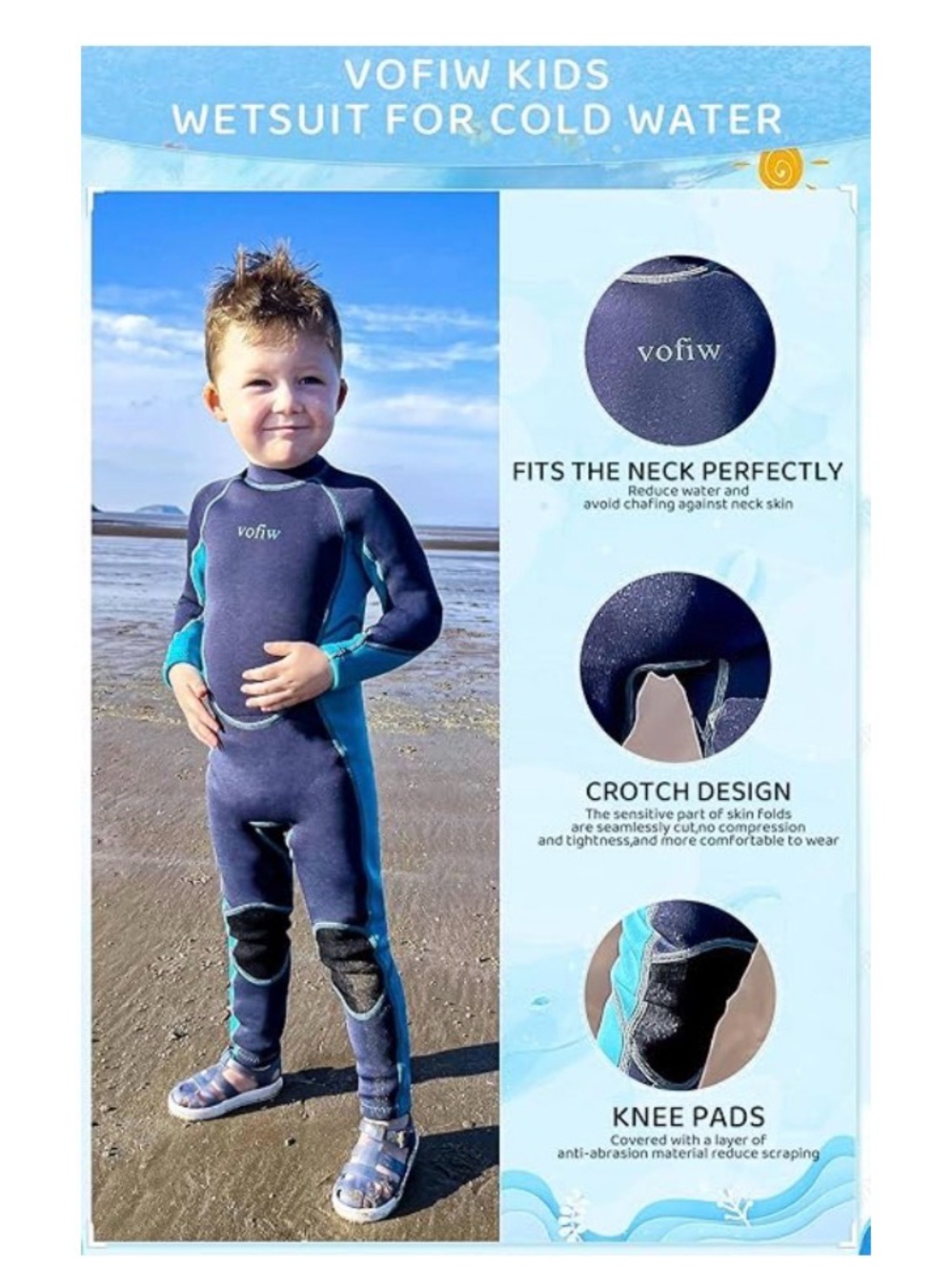 VOFIW Kids Long Sleeve Wetsuit in Navy with Teal Panels - Picture 3 of 5